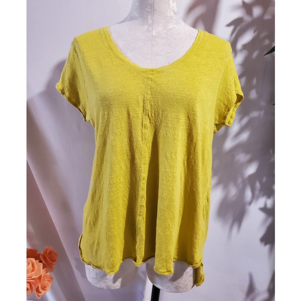 Tahari 100% Linen Centered Seam Short Sleeve V-Neck Top Size XL Mustard Yellow